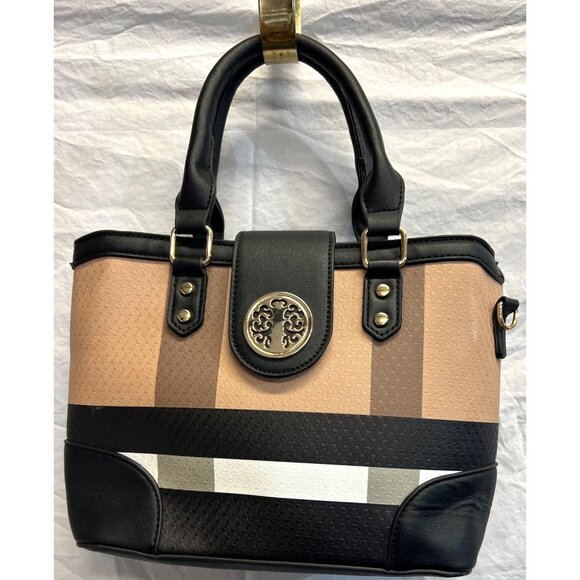 Unbranded Handbags - Brown & Black Handbag With Gold Accents Magnetic Snap & Crossbody Strap 8”x11”